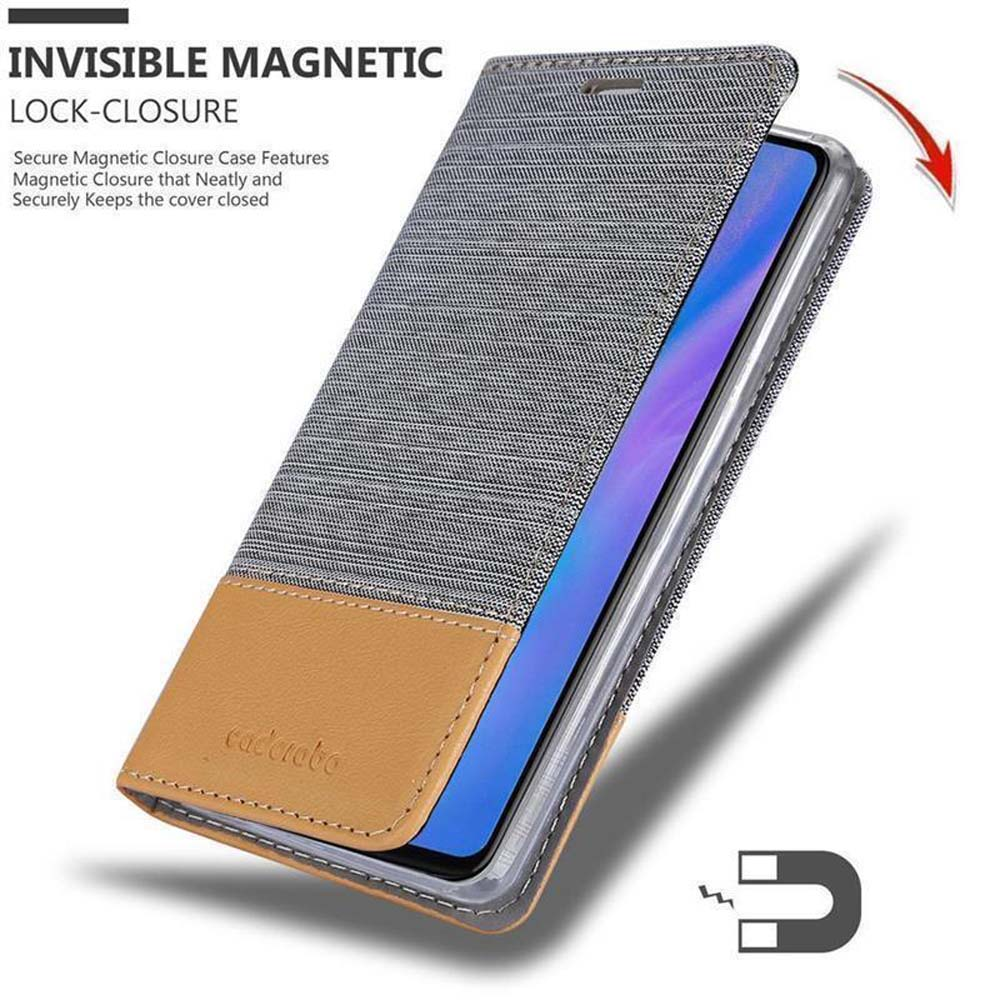 Custodia per telefono con chiusura magnetica, grigia e marrone. Il telefono è visibile all'interno.