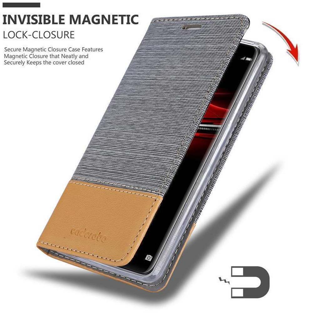 Handyhülle, graue und beige Abdeckung, Magnetverschluss. Telefonbildschirm sichtbar. Weißer Hintergrund.
