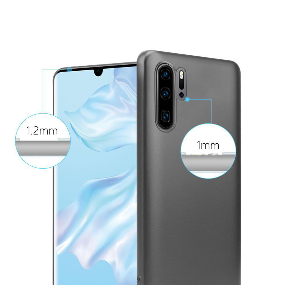 Dunkelgraues Telefon mit grauer Hülle. Die Hülle zeigt die Dicke. 1,2 mm und 1 mm gemessen.