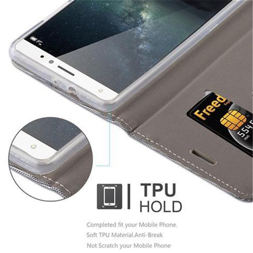 Telefon in Hülle mit Kreditkarte. Text: TPU-Halterung. Eigenschaften: Vollständig passend, weiches TPU-Material, bruchsicher.