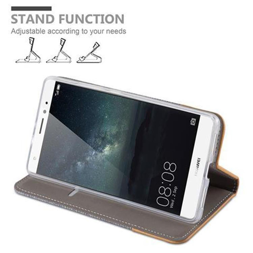 Telefon in einem Case, aufgestellt. Text: 'STANDFUNKTION'. Der Bildschirm zeigt die Uhrzeit.