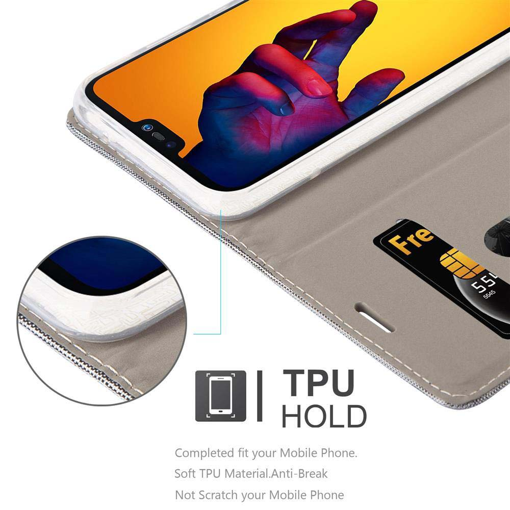 Telefono in custodia con carta di credito e testo TPU HOLD su sfondo bianco.