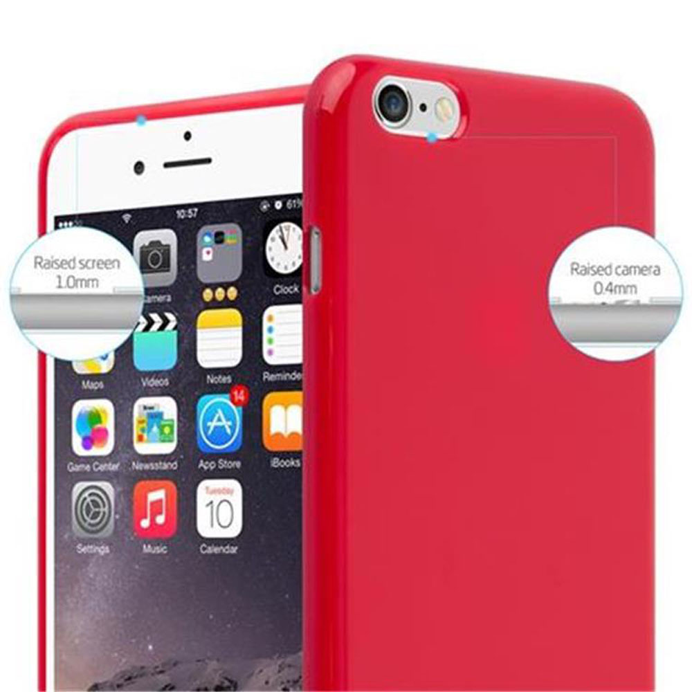 Custodia rossa per telefono su telefono bianco, con schermo e fotocamera rialzati.