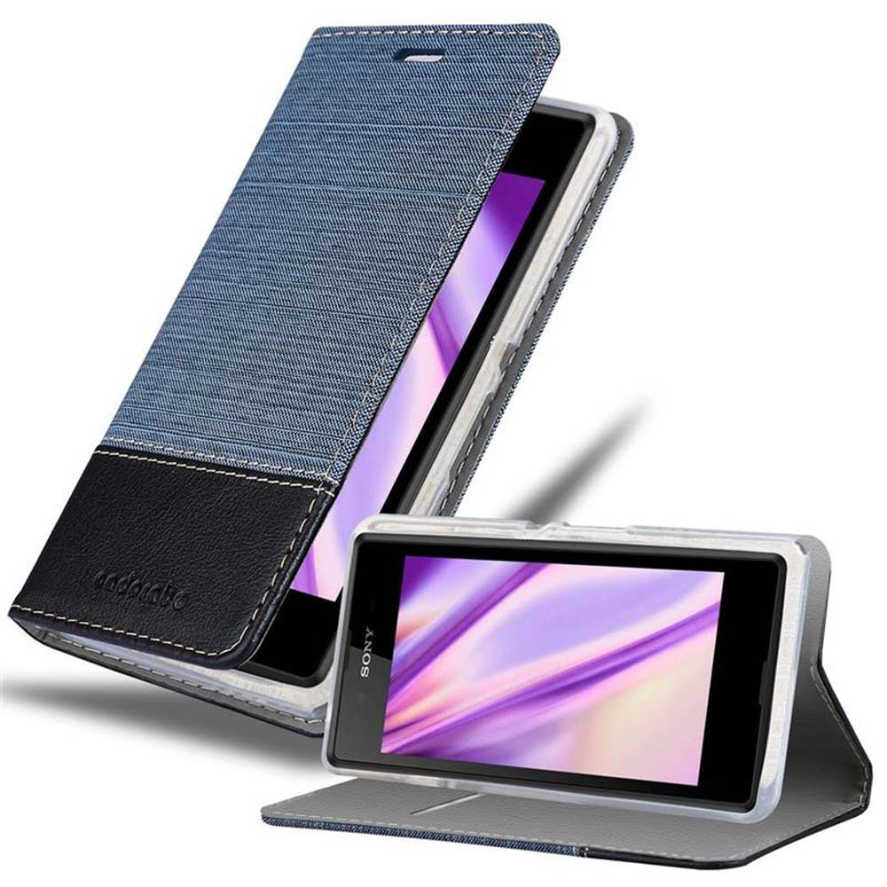 Custodia per telefono in tessuto blu con fondo in pelle nera e telefono. Il telefono è nella custodia.