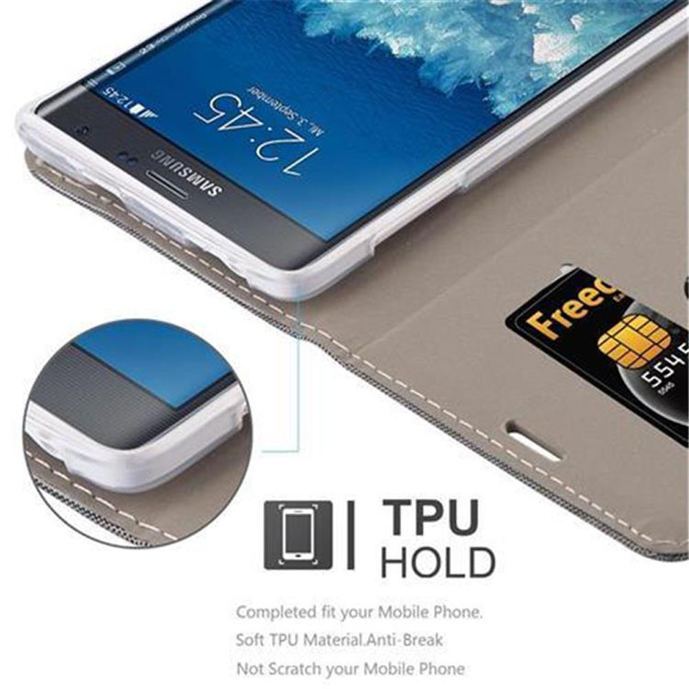 Un telefono in una custodia grigia con una carta di credito in una fessura. Il testo sottostante dice: TPU Hold. Adattamento completo per il tuo cellulare.