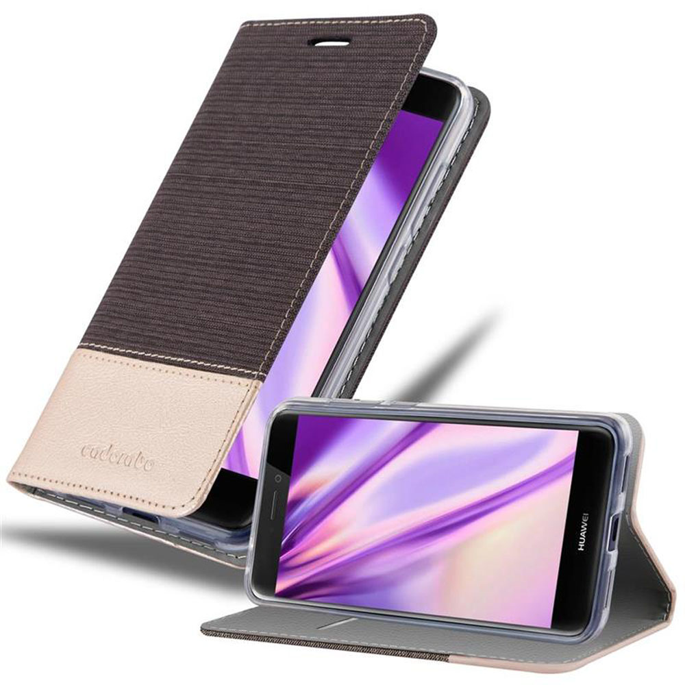 Braune und beige Handyhülle mit Telefon, offen und geschlossen.