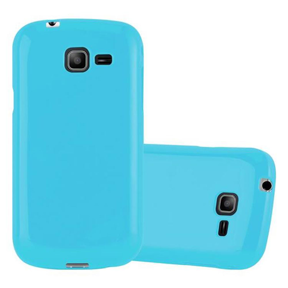 Custodia per telefono blu. Sono visibili due custodie. Una custodia mostra la parte anteriore e posteriore.