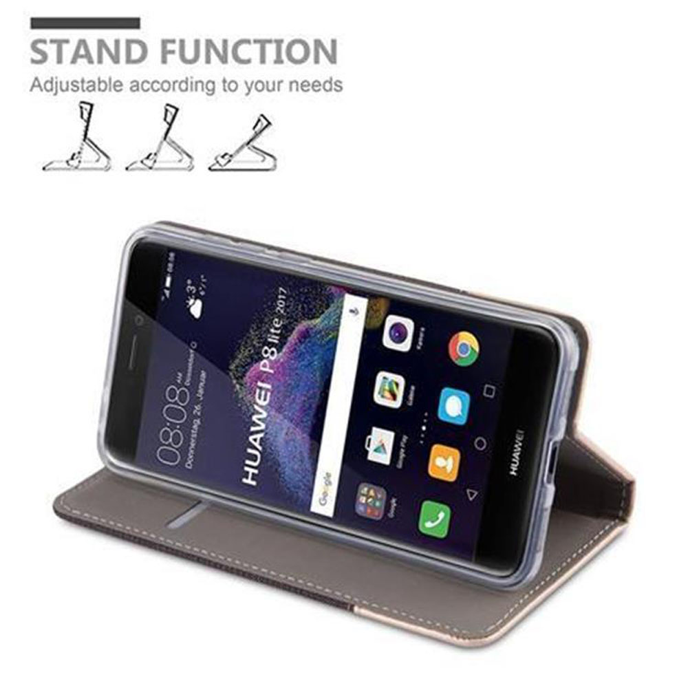 Ein schwarzes Smartphone in einem grauen Gehäuse mit dem Text 'STAND FUNCTION' und Symbolen.
