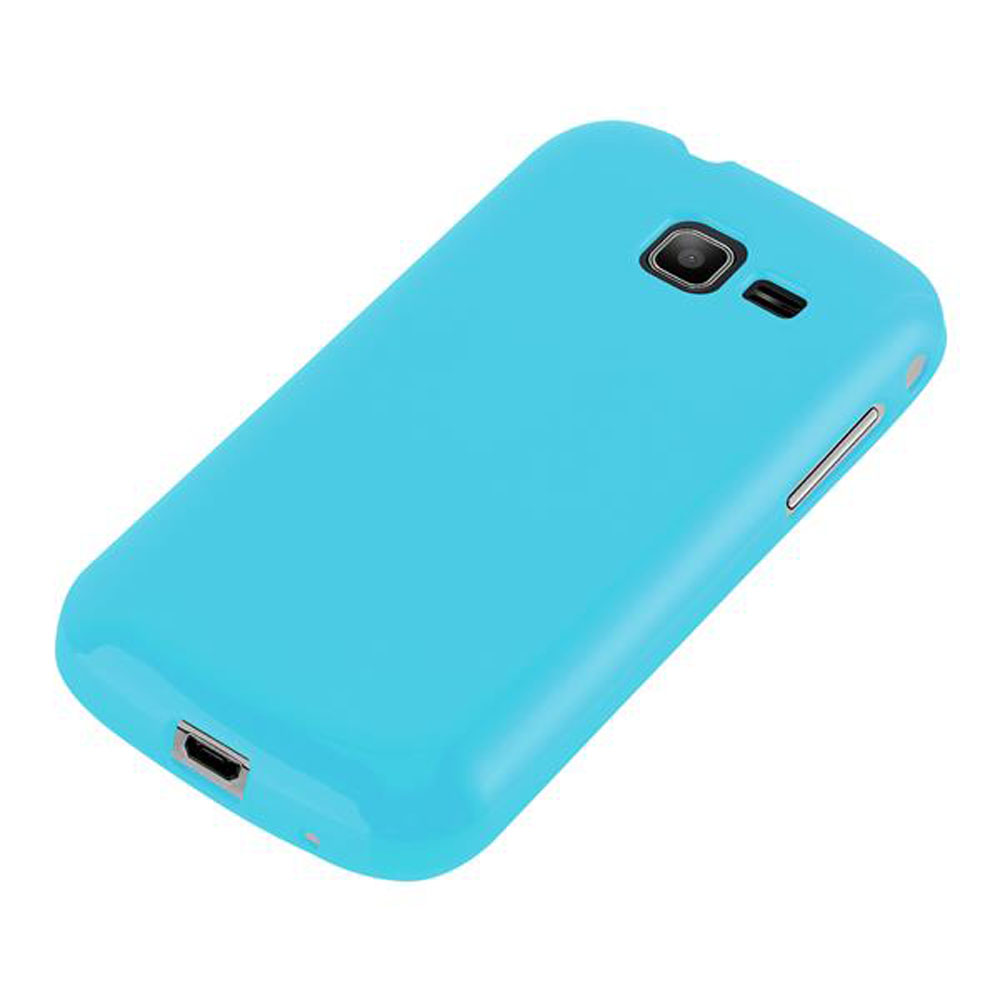 Custodia blu per telefono. Sono visibili i fori della fotocamera e dei pulsanti. Lo sfondo è bianco.
