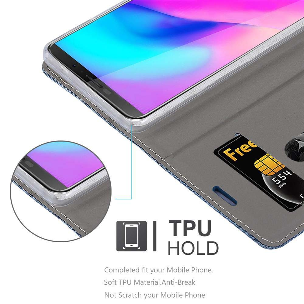 Telefon in einer grauen Hülle, geöffnet, um Kartenfächer zu zeigen. Text: TPU HOLD, passend für Ihr Mobiltelefon.