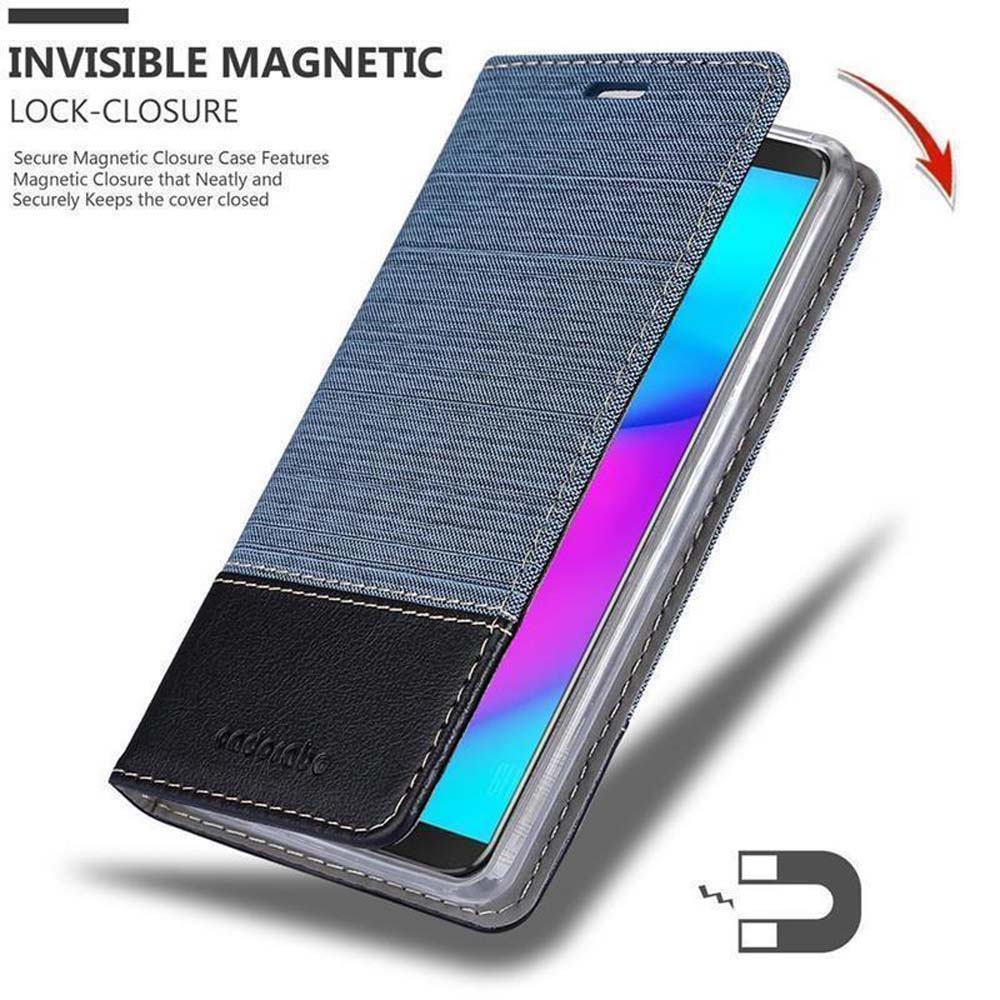 Blaue Denim-Handyhülle mit unsichtbarem Magnetverschluss, mit dem Telefon darin.