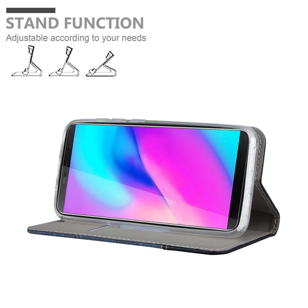 Ein Telefon wird in einer blauen Hülle angezeigt, die sich in einer Standposition befindet. Der Telefonbildschirm zeigt einen farbenfrohen Hintergrund.