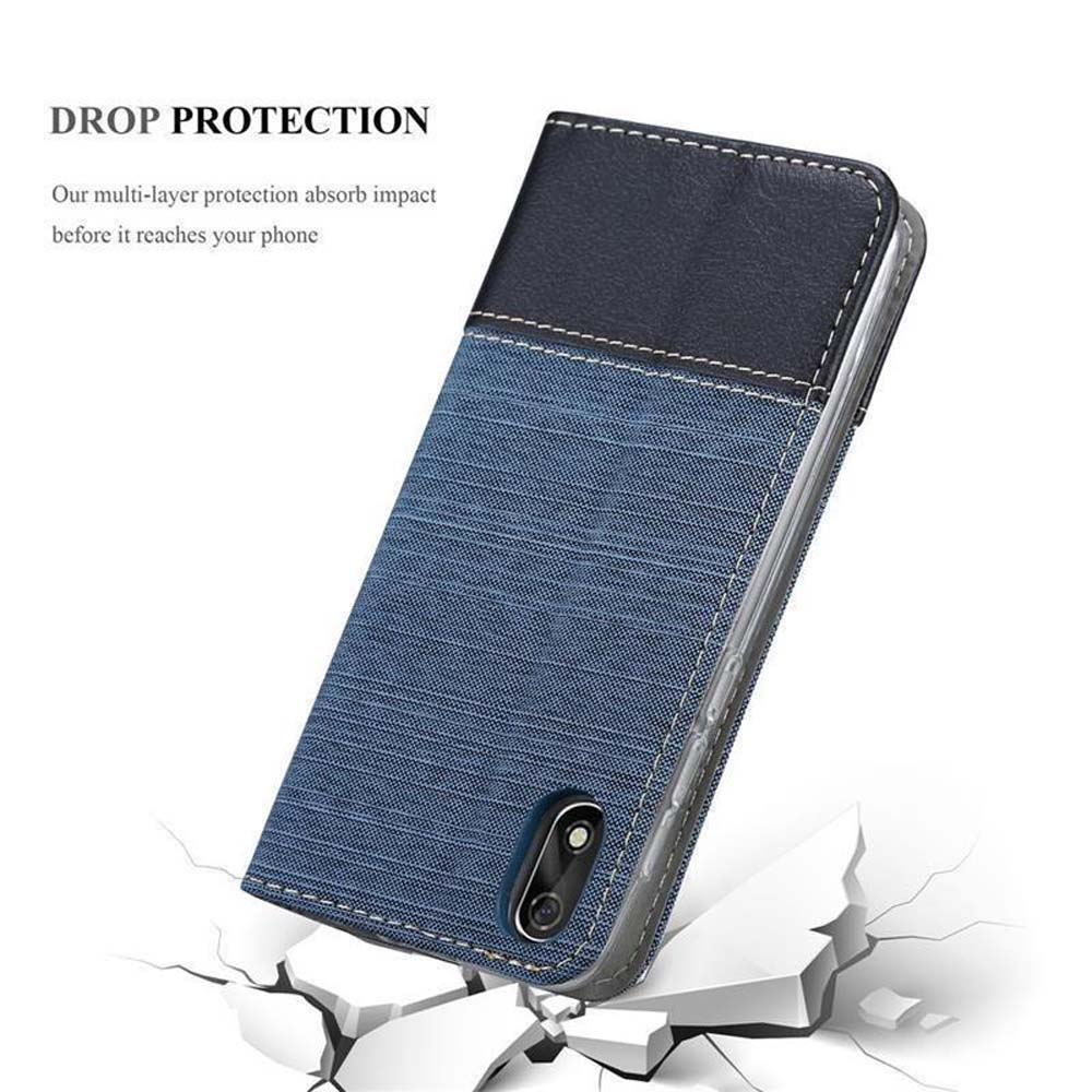 Blaue und schwarze Handyhülle auf weißer Oberfläche, mit Text 'DROP PROTECTION' und Schlag-Illustration.