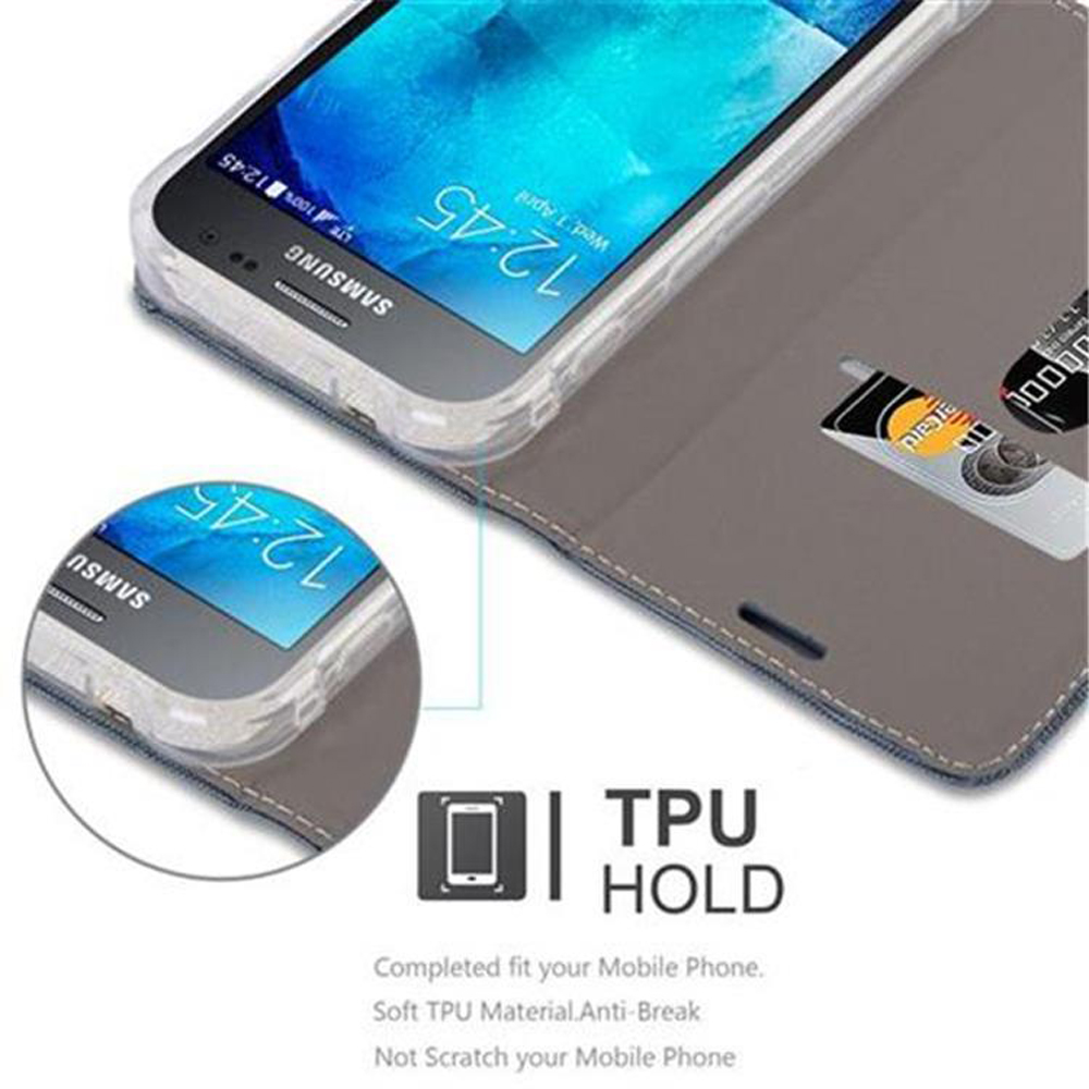 Telefono in custodia a portafoglio grigia. Il testo in basso dice supporto TPU.