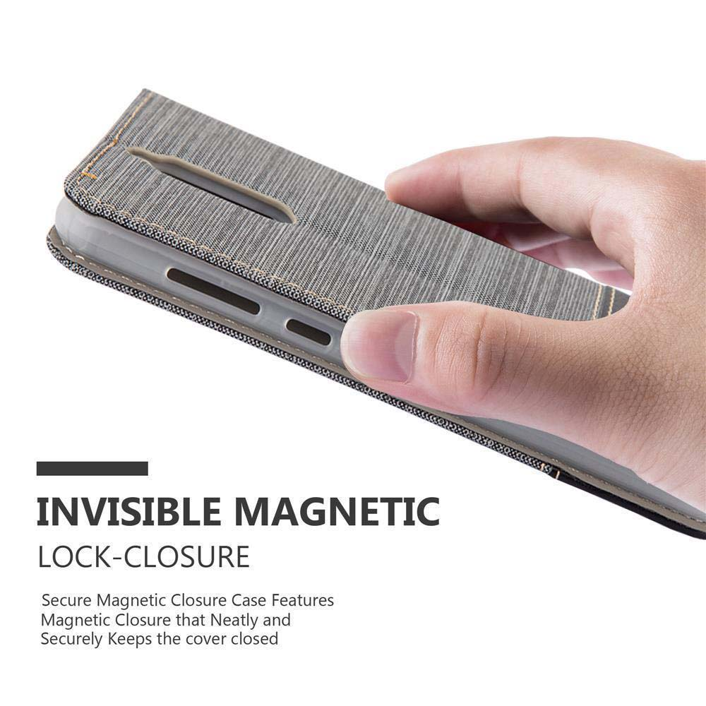 Hand hält eine Denim-Handyhülle. Text sagt „Invisible Magnetic Lock-Closure“.