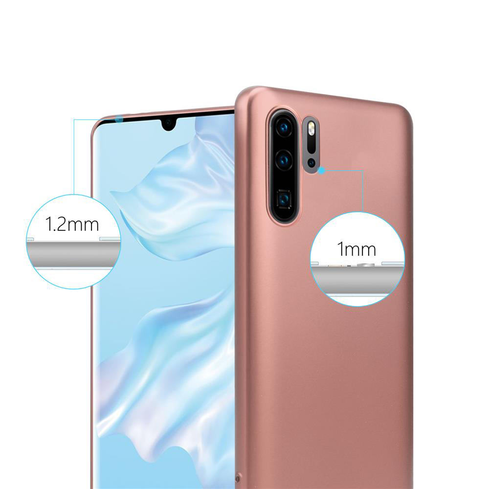 Roségoldenes Telefon und Hülle. Das Bild zeigt Dickenmessungen und die Telefonkamera.