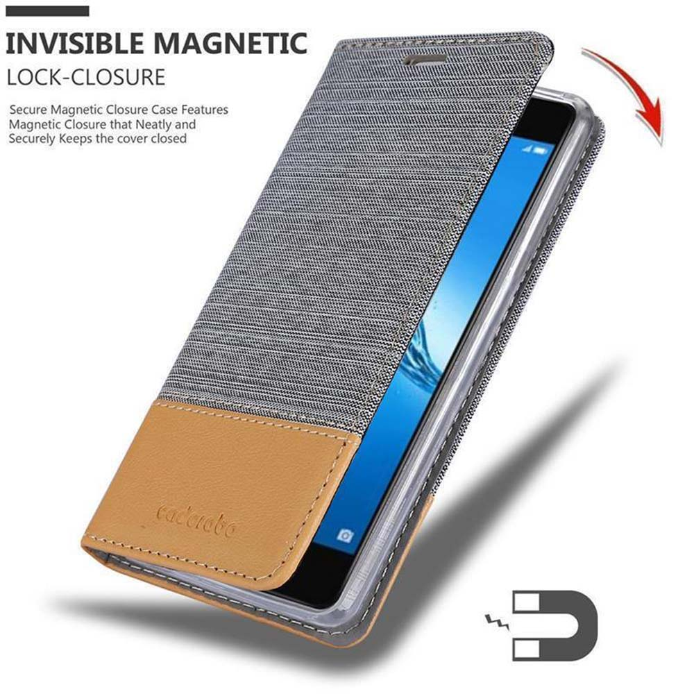 Custodia per telefono aperta, che mostra telefono e testo. La custodia è grigia e beige con un magnete. Il testo recita 'Invisible Magnetic Lock-Closure'.