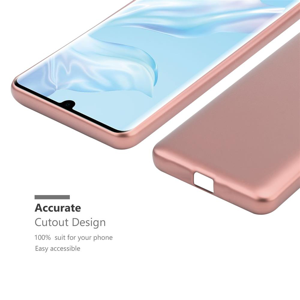Roségoldenes Telefon und Hülle. Text lautet 'Accurate Cutout Design'. Details des Telefons und der Hülle sind sichtbar.