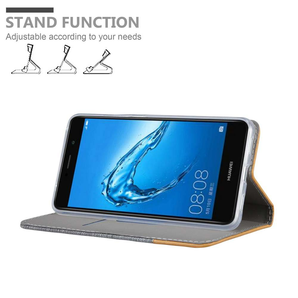 Un telefono in una custodia è mostrato. La custodia può stare in piedi. Testo: 'STAND FUNCTION' e diagrammi di supporto.