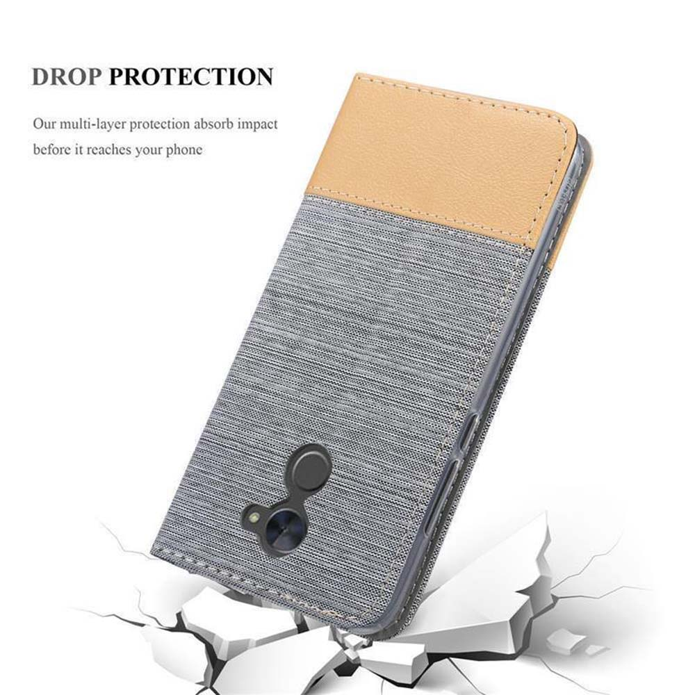 Una custodia per telefono grigia e beige. La custodia è su un terreno crepato. Il testo 'DROP PROTECTION' è in alto.