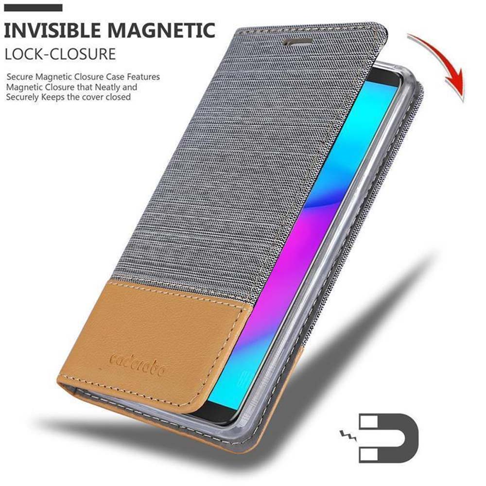 Custodia per telefono aperta con telefono dentro. Grigia e marrone con simbolo del magnete.