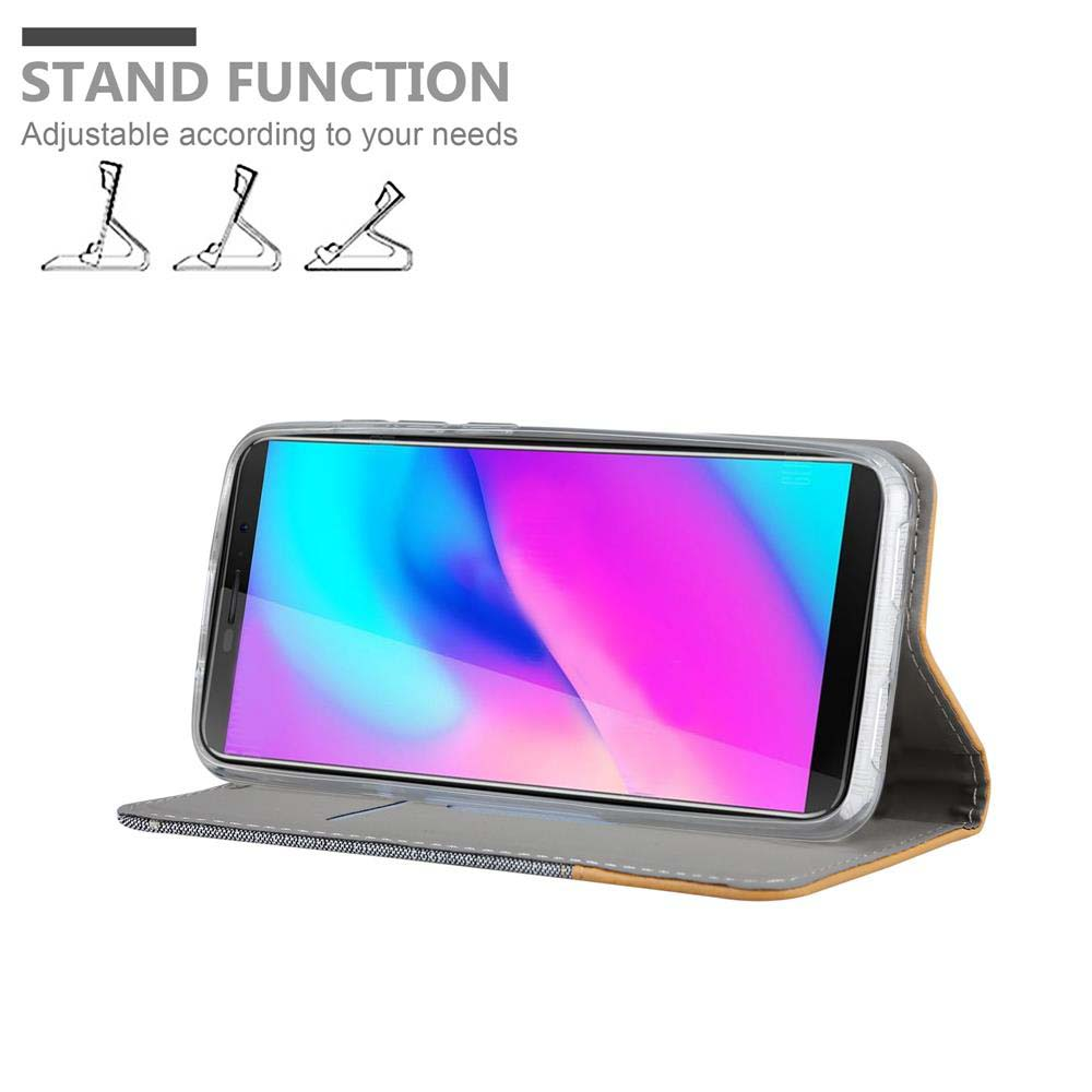 Un telefono in una custodia su un supporto. Lo schermo mostra un'immagine colorata. Testo: 'Stand Function'.