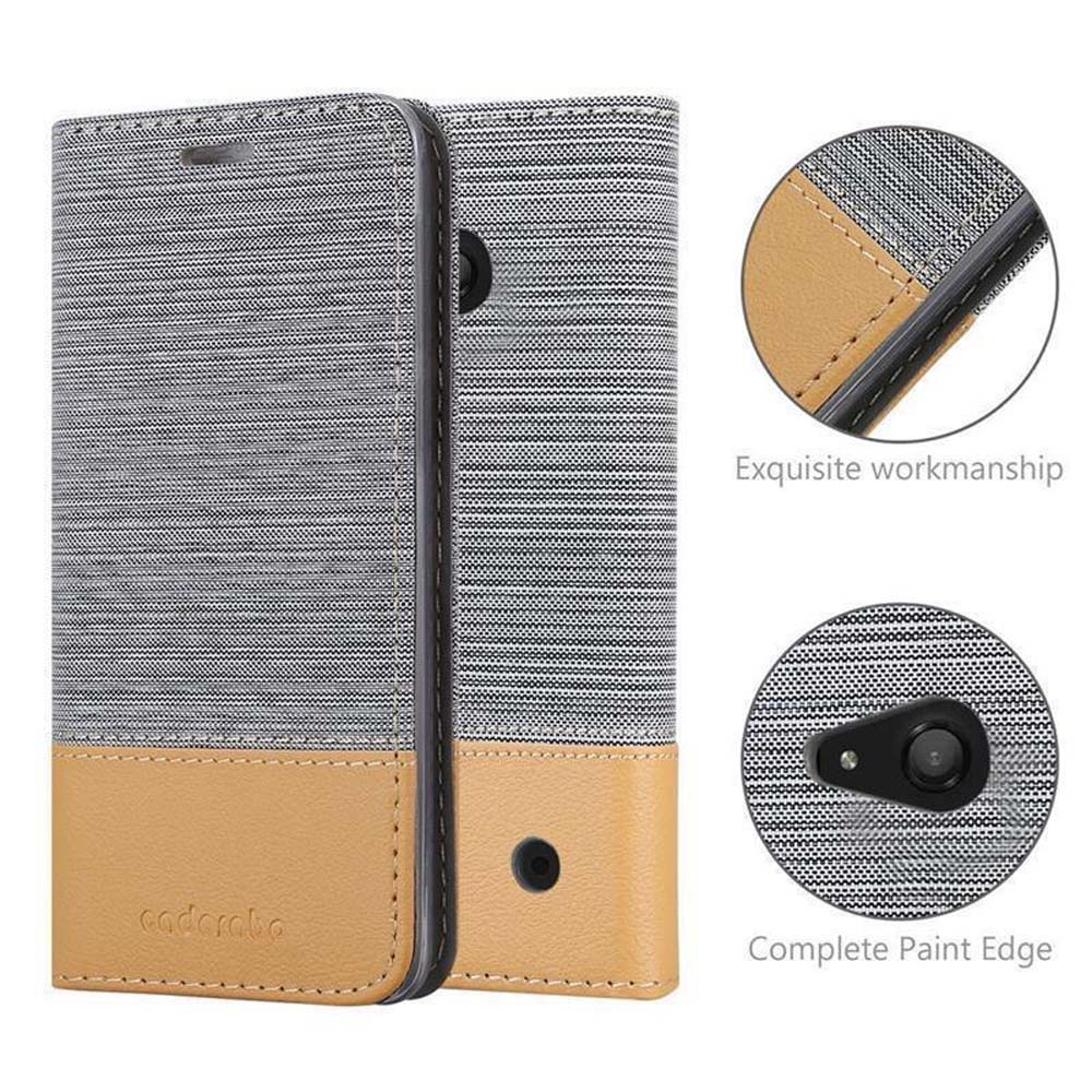 Funda de teléfono con material estampado gris y beige. Texto: 'Exquisita mano de obra'.