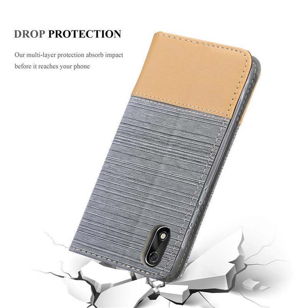 Custodia con parte superiore beige e fondo grigio a fantasia. Telefono su superficie fessurata.