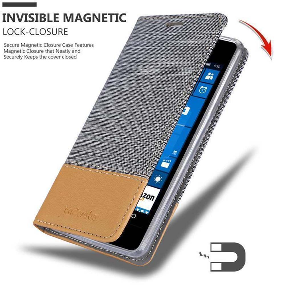 Teléfono en funda, tapa abierta, con texto 'INVISIBLE MAGNETIC LOCK-CLOSURE'.