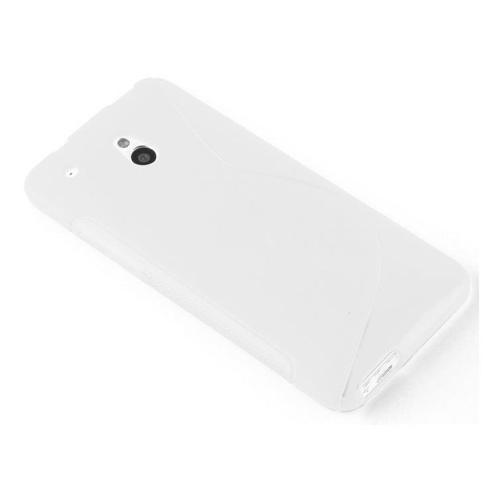 Custodia bianca per telefono su sfondo bianco. Il retro del telefono è visibile, fotocamera e dettagli.