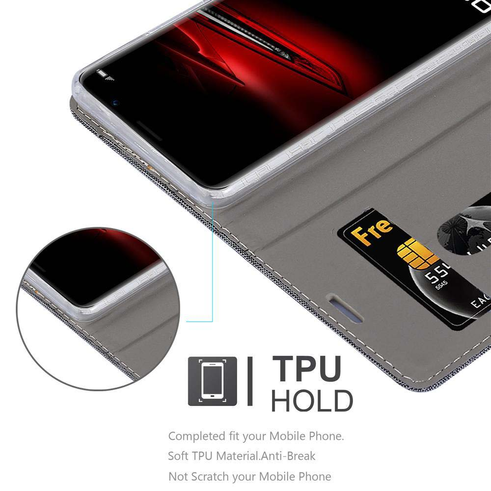 Ein Telefon in einer Hülle mit Kartensteckplatz wird gezeigt. Die Hülle ist offen und zeigt eine Karte.