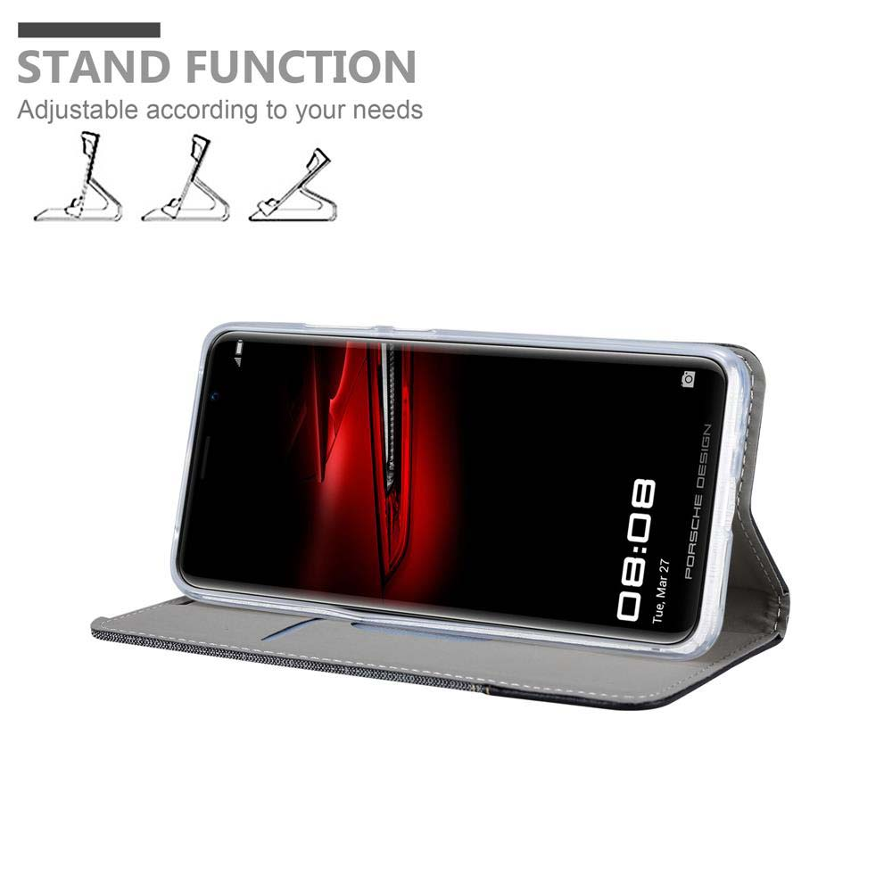 Telefon in einem Case, aufgestellt. Text: 'STANDFUNKTION'. Der Bildschirm zeigt die Uhrzeit.