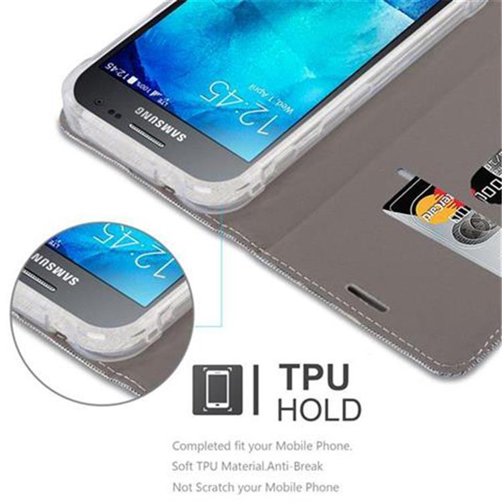 Smartphone con custodia trasparente su custodia grigia con fessura per carta di credito. Testo: 'TPU HOLD'.