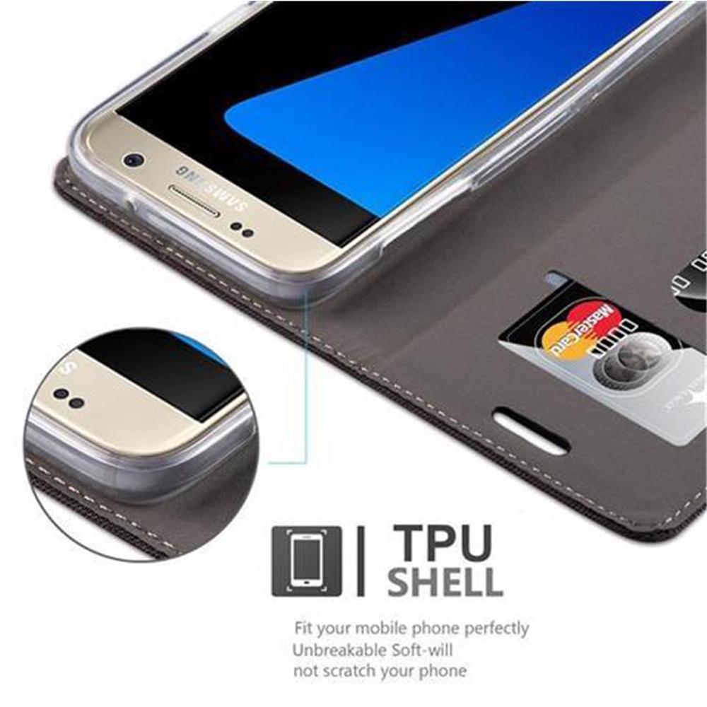 Telefono in una custodia con fessure per carte di credito. Un telefono Samsung è visibile.