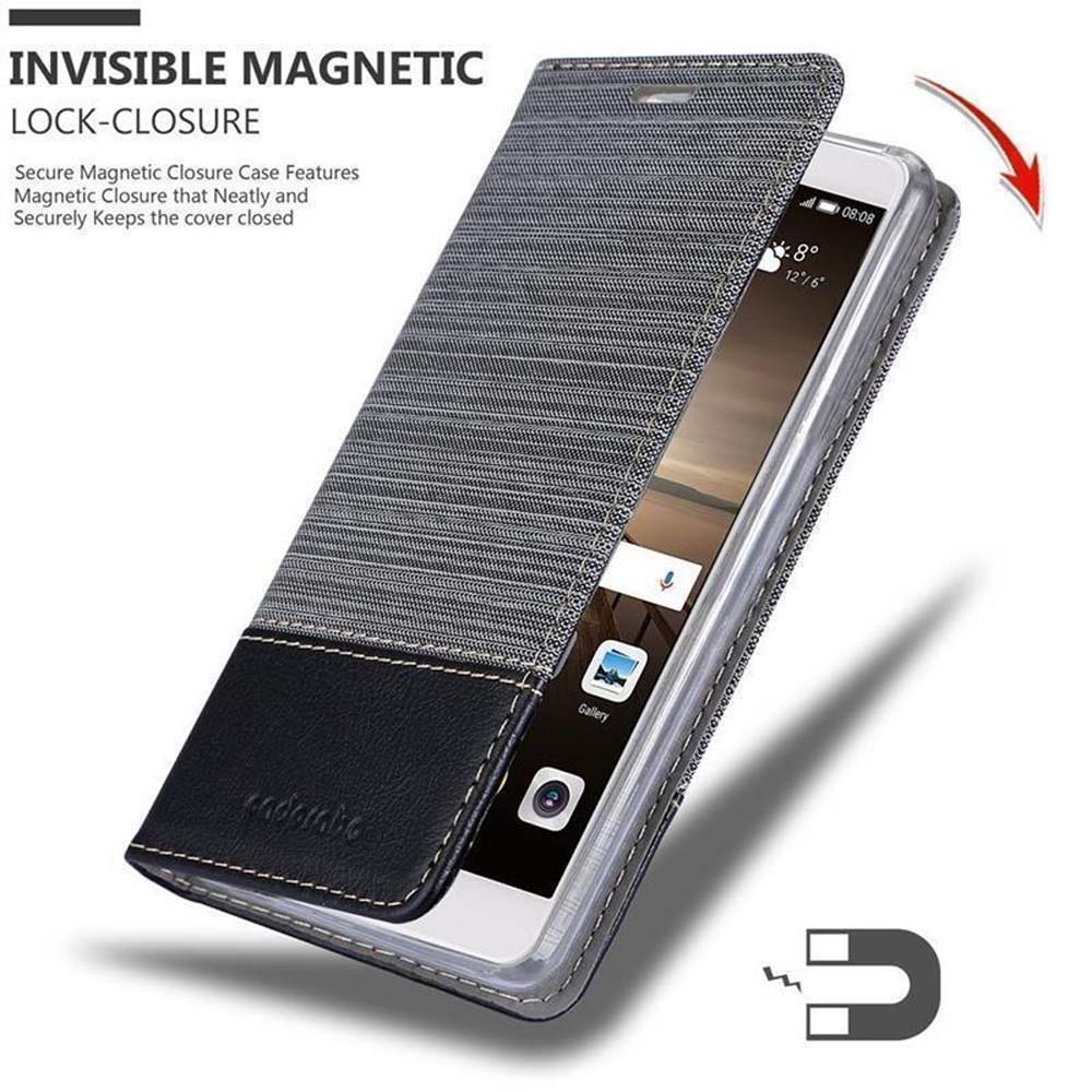 Custodia per telefono, coperchio grigio aperto, che mostra lo schermo del telefono. Schema di colori nero e grigio. Chiusura magnetica.