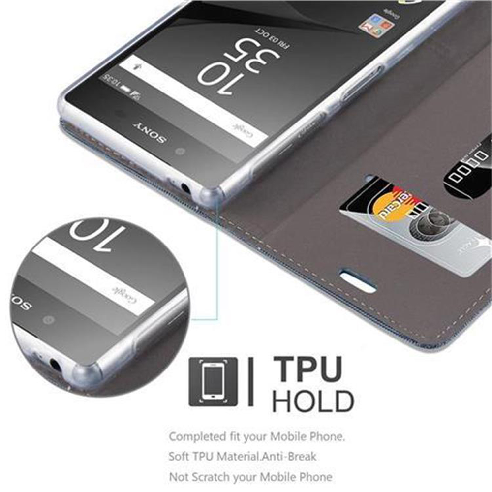 Custodia aperta con telefono che mostra il display e una carta. Supporto TPU.