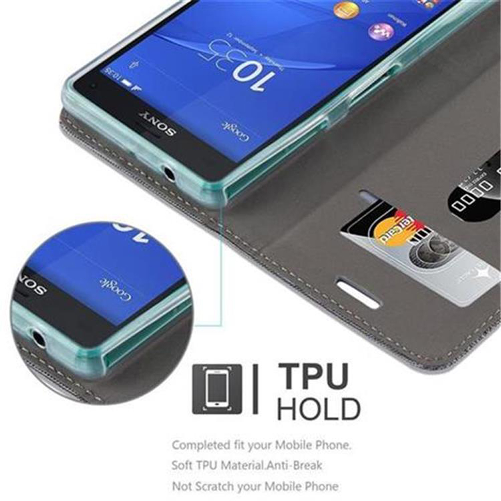 Teléfono en una funda con tarjeta de crédito. El texto dice 'TPU HOLD'. El fondo es blanco.