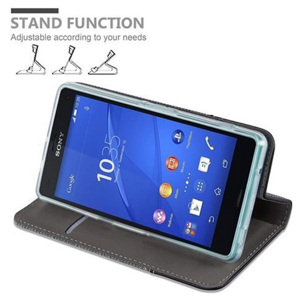 Teléfono en una funda como soporte, con función de soporte, ajustable según las necesidades.