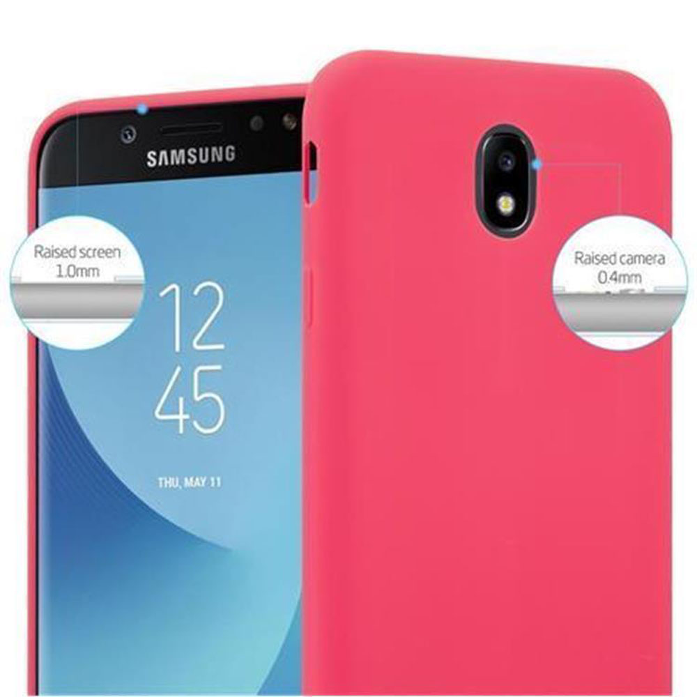 Un teléfono con una funda roja. La pantalla muestra la hora y la fecha. La funda protege la pantalla y la cámara.