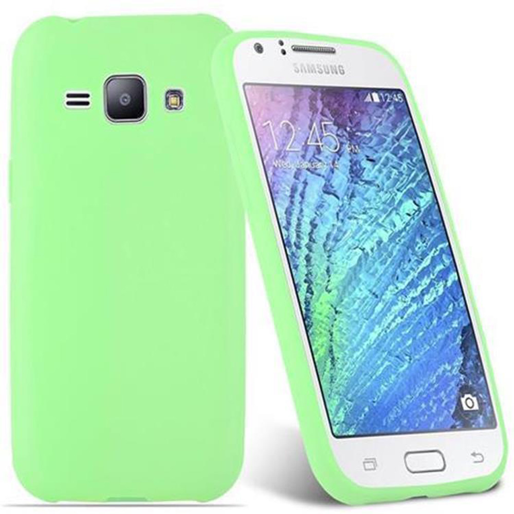 Custodia verde per telefono e un telefono bianco. Il telefono è dentro la custodia.