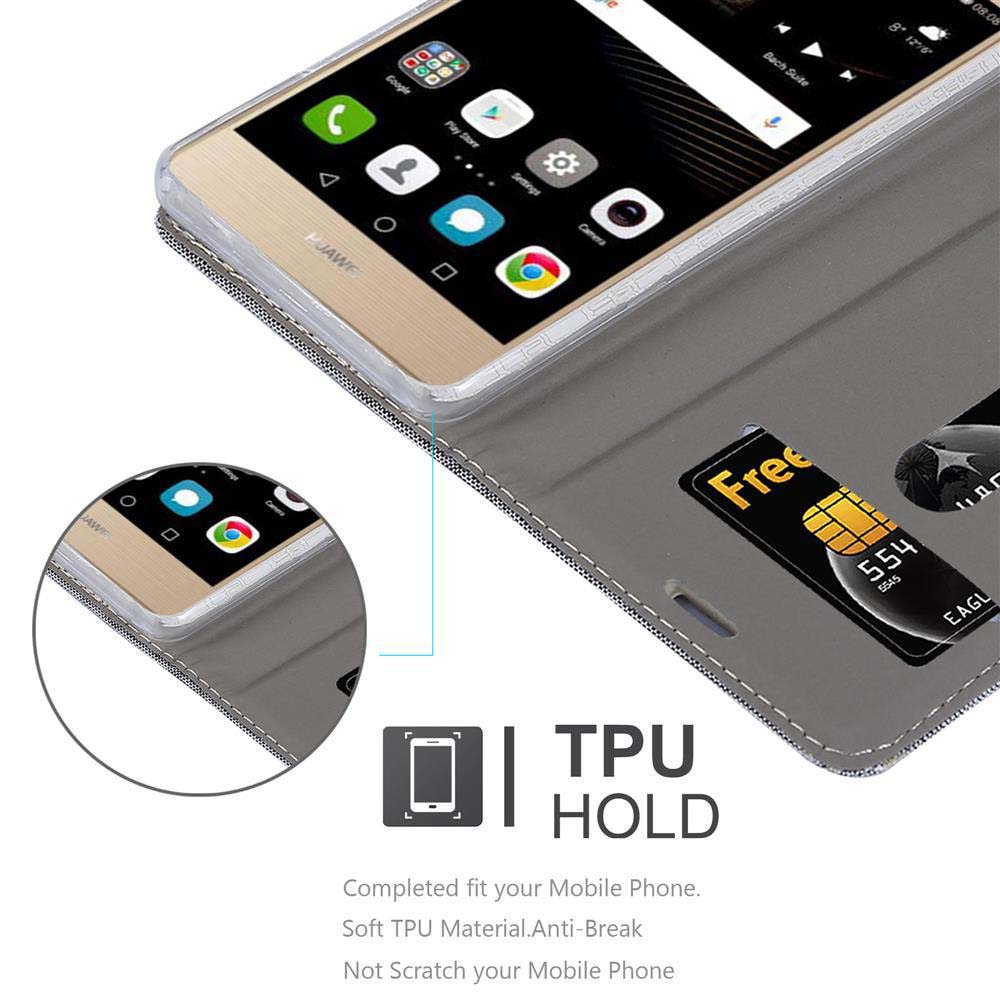 Custodia per telefono con scomparto per carte. Telefono nella custodia aperta.