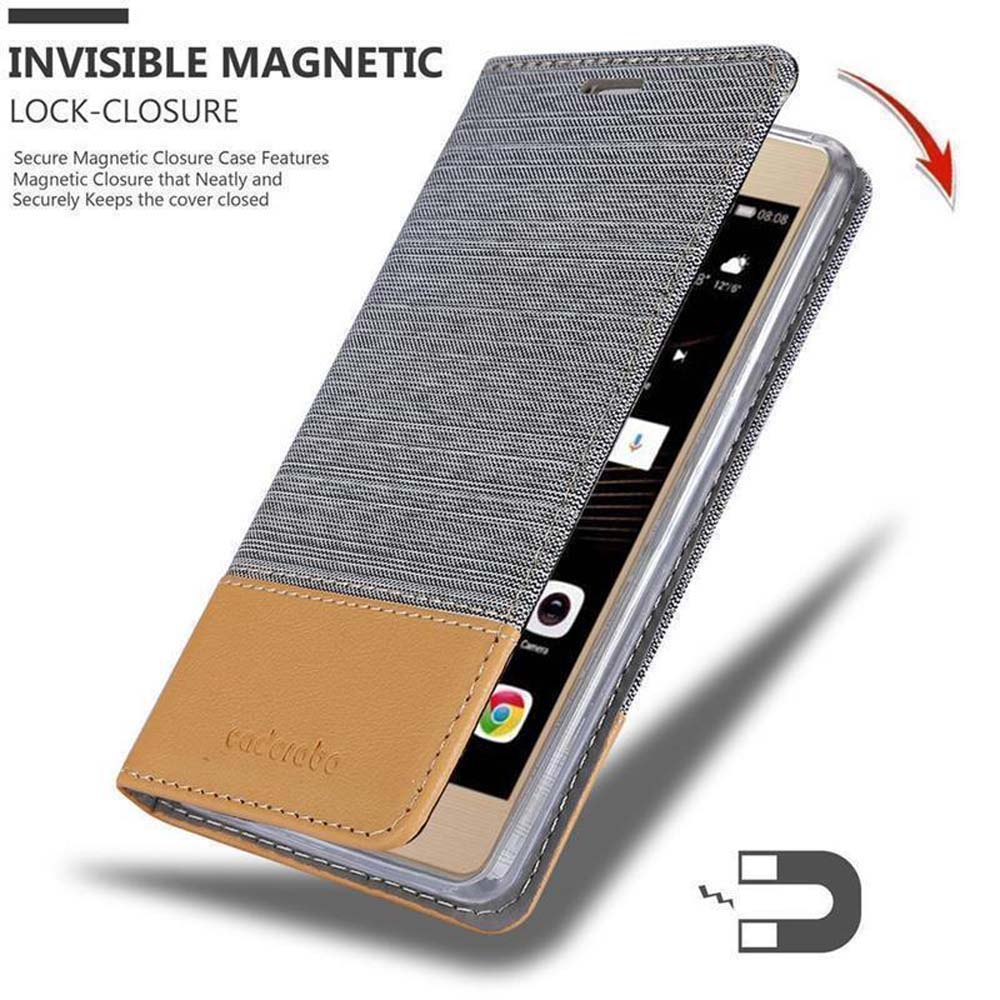 Custodia grigia aperta, mostra un telefono all'interno. Icona di chiusura magnetica presente.