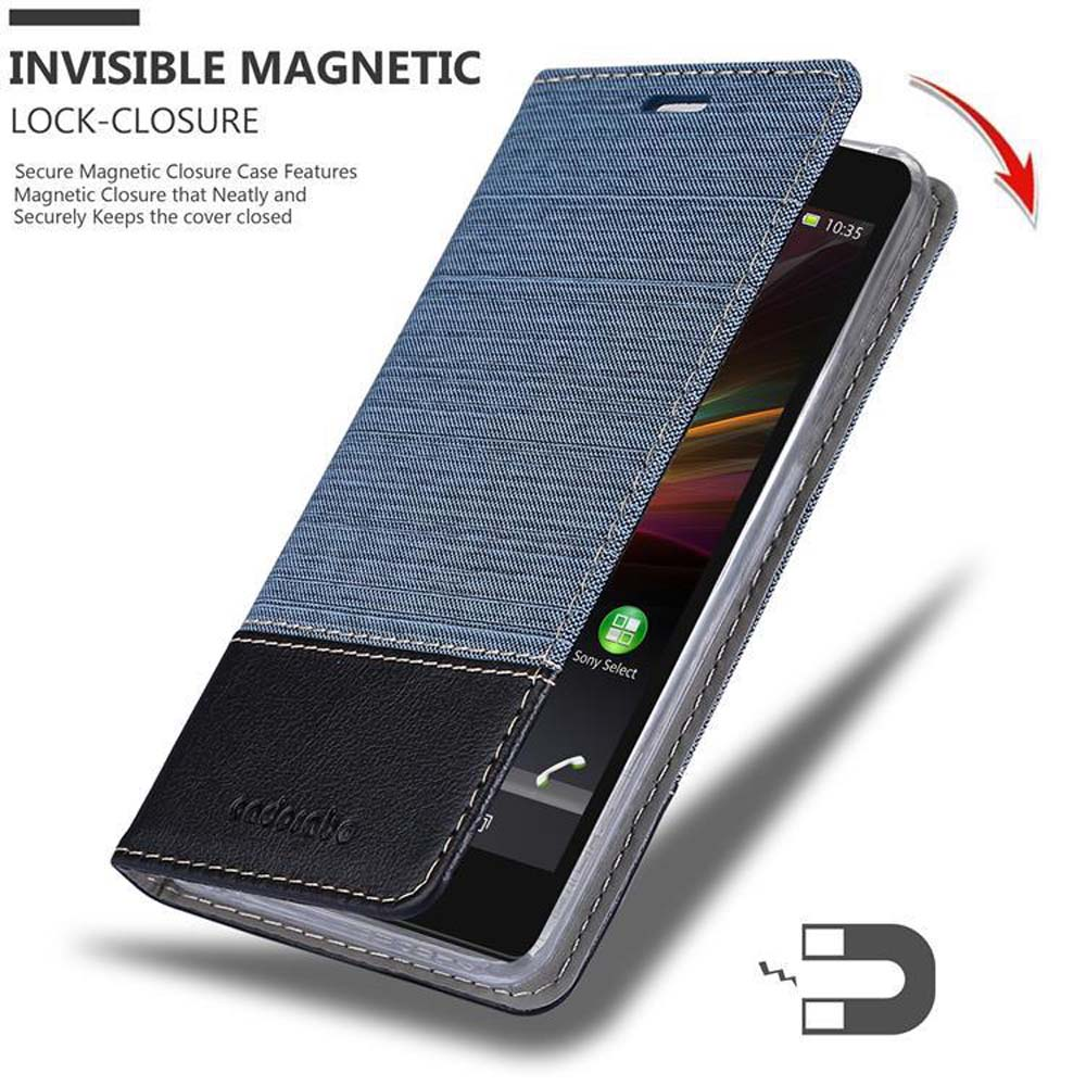 Custodia per telefono in denim blu con chiusura magnetica. C'è uno smartphone all'interno e viene mostrato un simbolo del magnete.