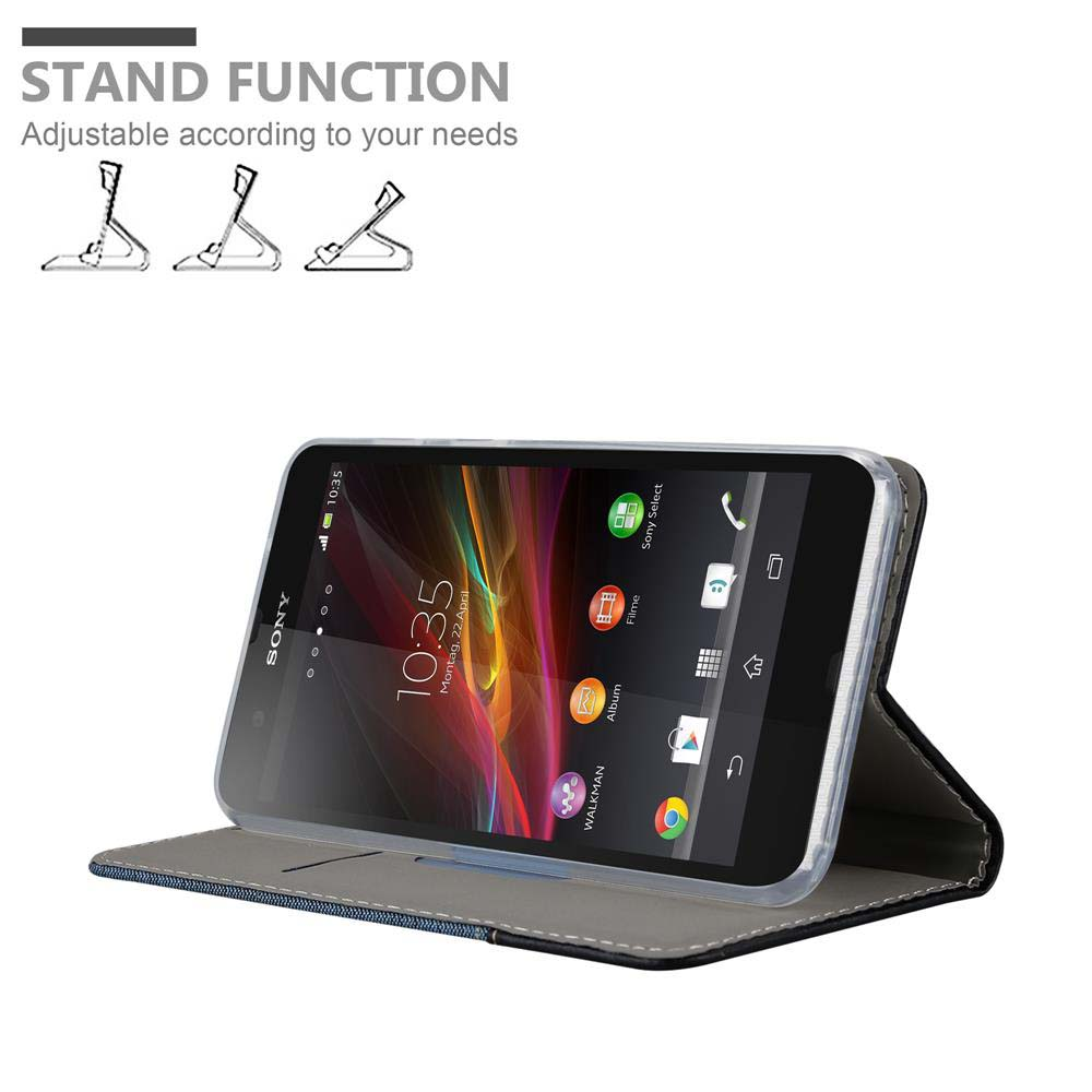 Telefono in una custodia con supporto. Mostra lo schermo con le icone. Testo: Funzione supporto.