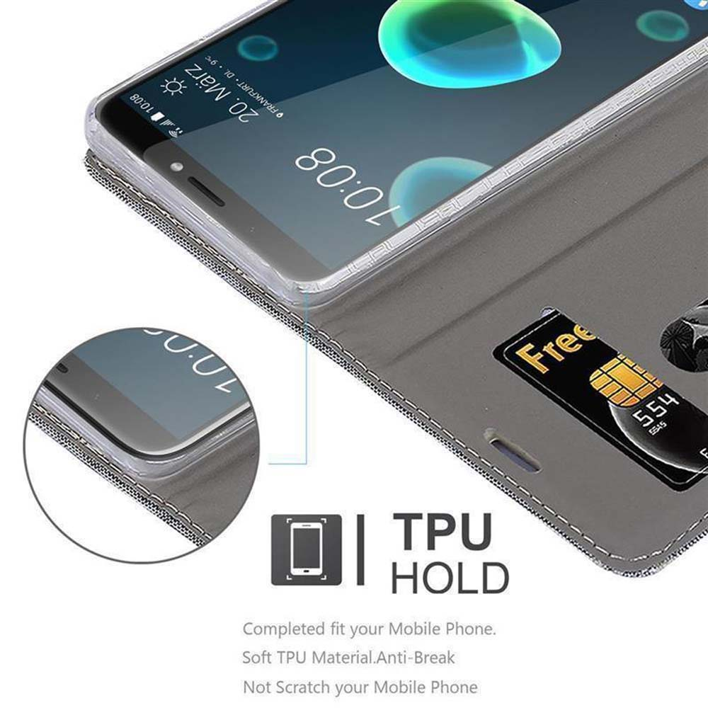 Una custodia grigia per telefono con un telefono. Il testo recita 'TPU HOLD'. È visibile una scheda SIM.