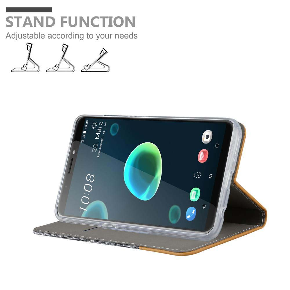Telefono in custodia aperta, puntellato. Icone funzione stand. Lo schermo mostra l'ora.