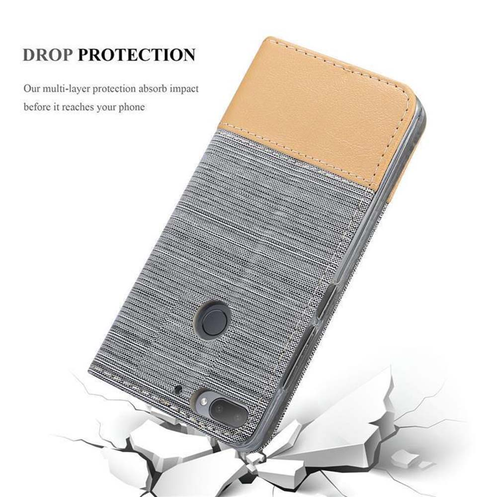 Custodia per telefono con design beige e grigio, su una superficie incrinata. Testo: Protezione dalle cadute.