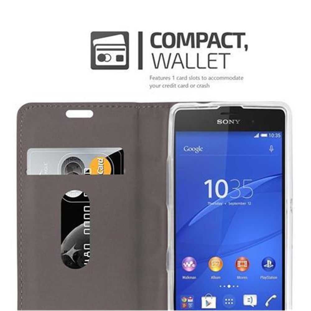 Telefono in una custodia a portafoglio con scomparti per carte, carta di credito visibile.