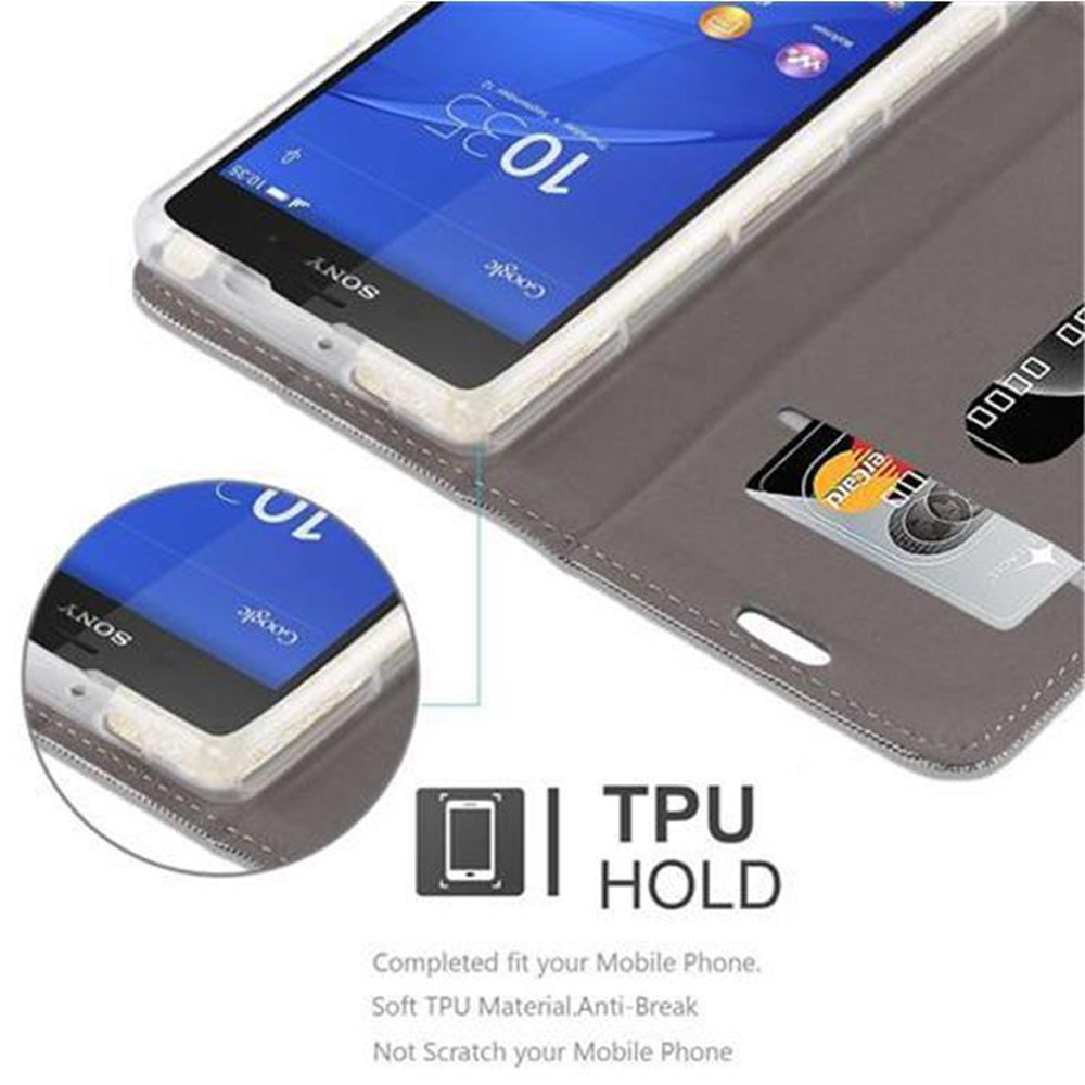 Telefono in custodia aperta. Lo schermo mostra l'ora. Sfondo bianco. Testo TPU Hold e diagramma del telefono.