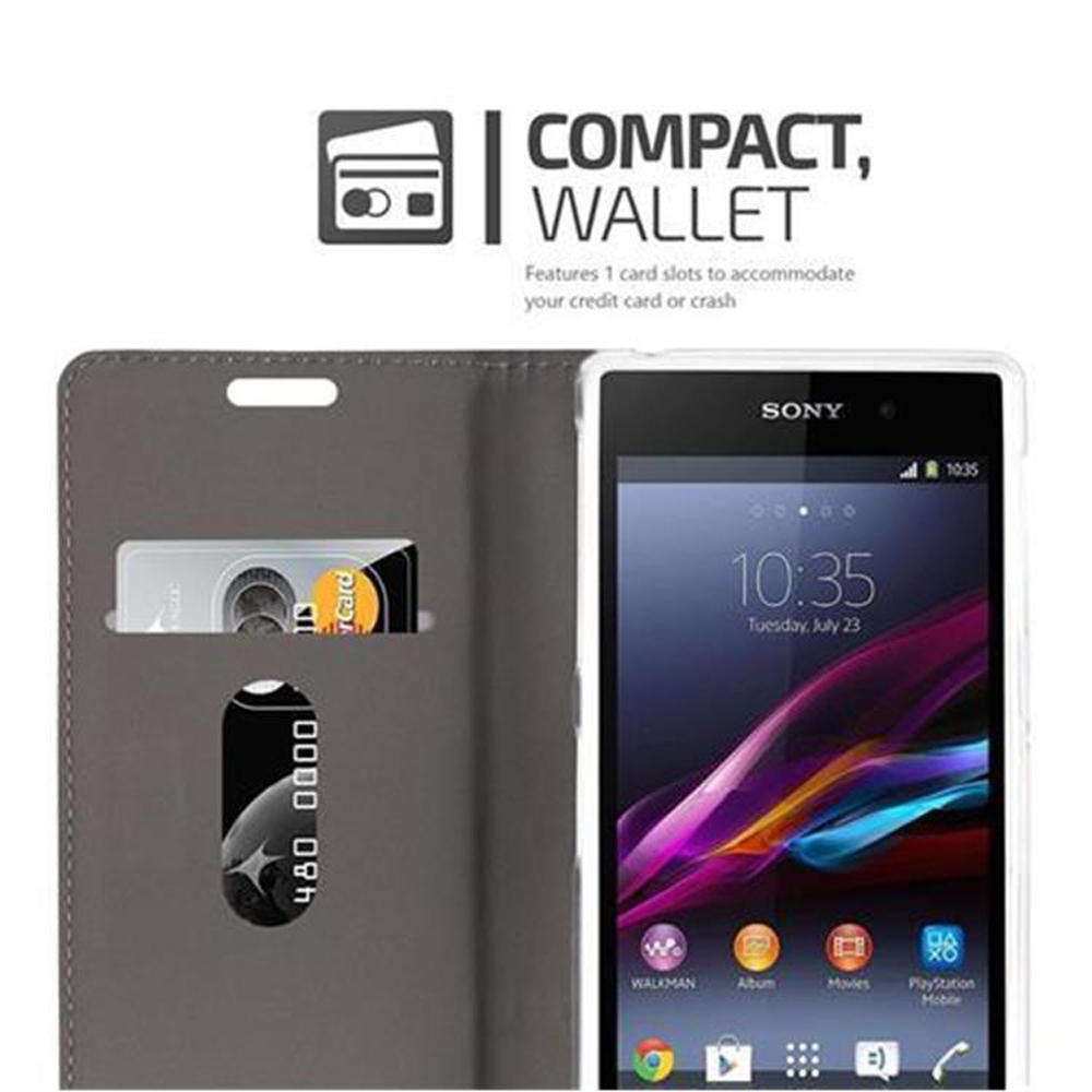 Un telefono in una custodia a portafoglio con una carta di credito e un logo Sony.